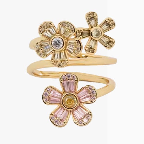A gold spiral ring with gemstone flowers.