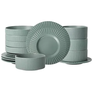 A set of sage green dinnerware featuring plates and bowls with a ribbed texture around the edges and sides.
