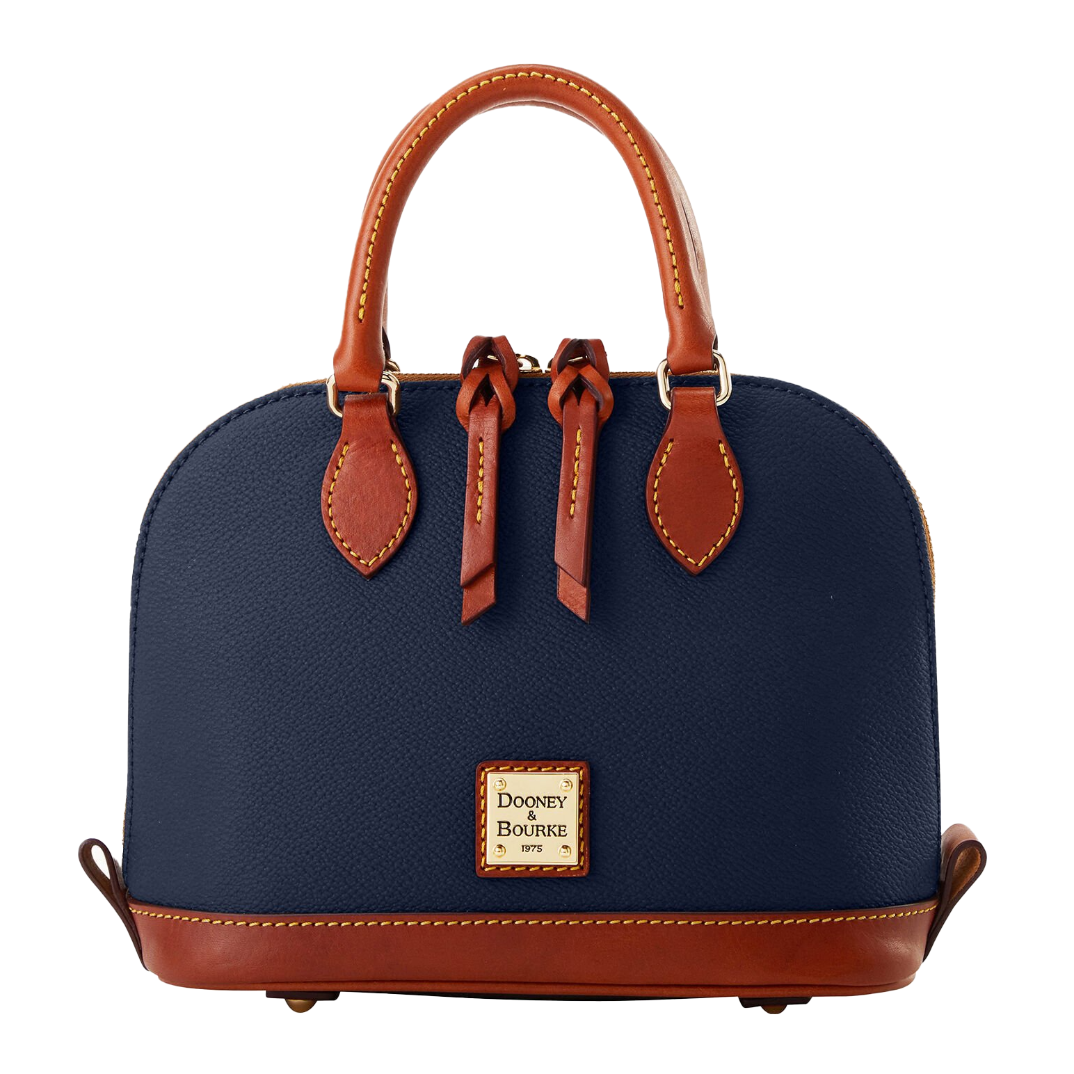 Dooney & Bourke Kirby Bitsy Bag features a dome-shaped design with navy blue leather, brown leather handles, and trim. It has a gold logo plaque and dual top handles with decorative tassels.