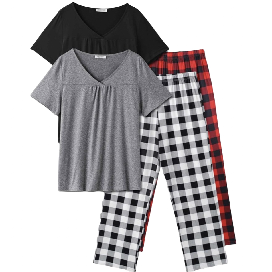 Two sets of women's pajamas with short-sleeve V-neck tops, one in black and one in gray, paired with two pairs of plaid pants, one in black and white checks and the other in red and black checks.