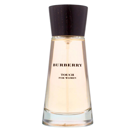 Burberry Touch for Women perfume bottle with a wooden cap and clear glass body, featuring a light pink liquid inside.