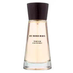 Burberry Touch for Women perfume bottle with a wooden cap and clear glass body, featuring a light pink liquid inside.
