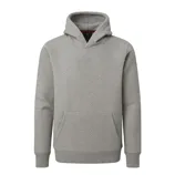 A gray hoodie with a chevron pattern, featuring a front pocket and ribbed cuffs.