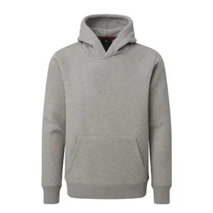 A gray hoodie with a chevron pattern, featuring a front pocket and ribbed cuffs.
