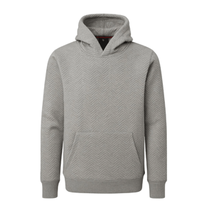 A gray hoodie with a chevron pattern, featuring a front pocket and ribbed cuffs.