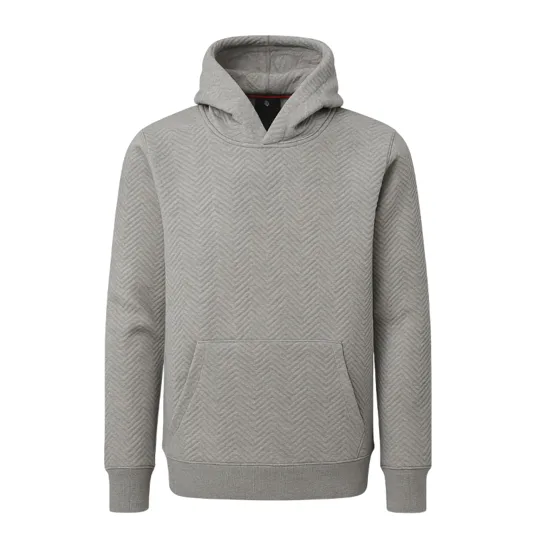 A gray hoodie with a chevron pattern, featuring a front pocket and ribbed cuffs.