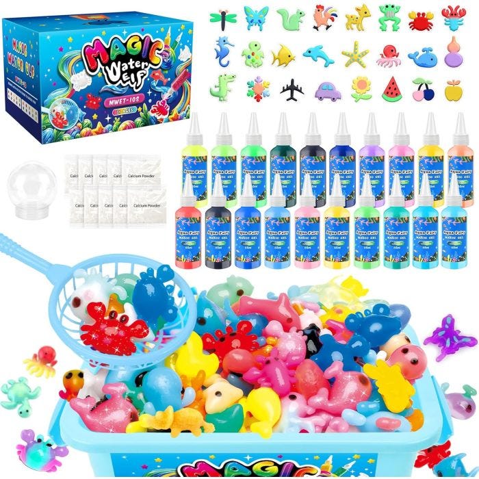 Magic Water Elf set includes 16 bottles of colorful liquid, calcium powder, molds, and a scoop for creating water toys. Various shaped molds, including animals and objects, come with a themed box for storage and play.