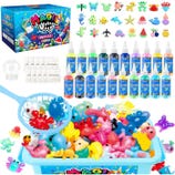 Magic Water Elf set includes 16 bottles of colorful liquid, calcium powder, molds, and a scoop for creating water toys. Various shaped molds, including animals and objects, come with a themed box for storage and play.