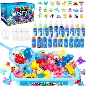 Magic Water Elf set includes 16 bottles of colorful liquid, calcium powder, molds, and a scoop for creating water toys. Various shaped molds, including animals and objects, come with a themed box for storage and play.