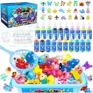 Magic Water Elf set includes 16 bottles of colorful liquid, calcium powder, molds, and a scoop for creating water toys. Various shaped molds, including animals and objects, come with a themed box for storage and play.