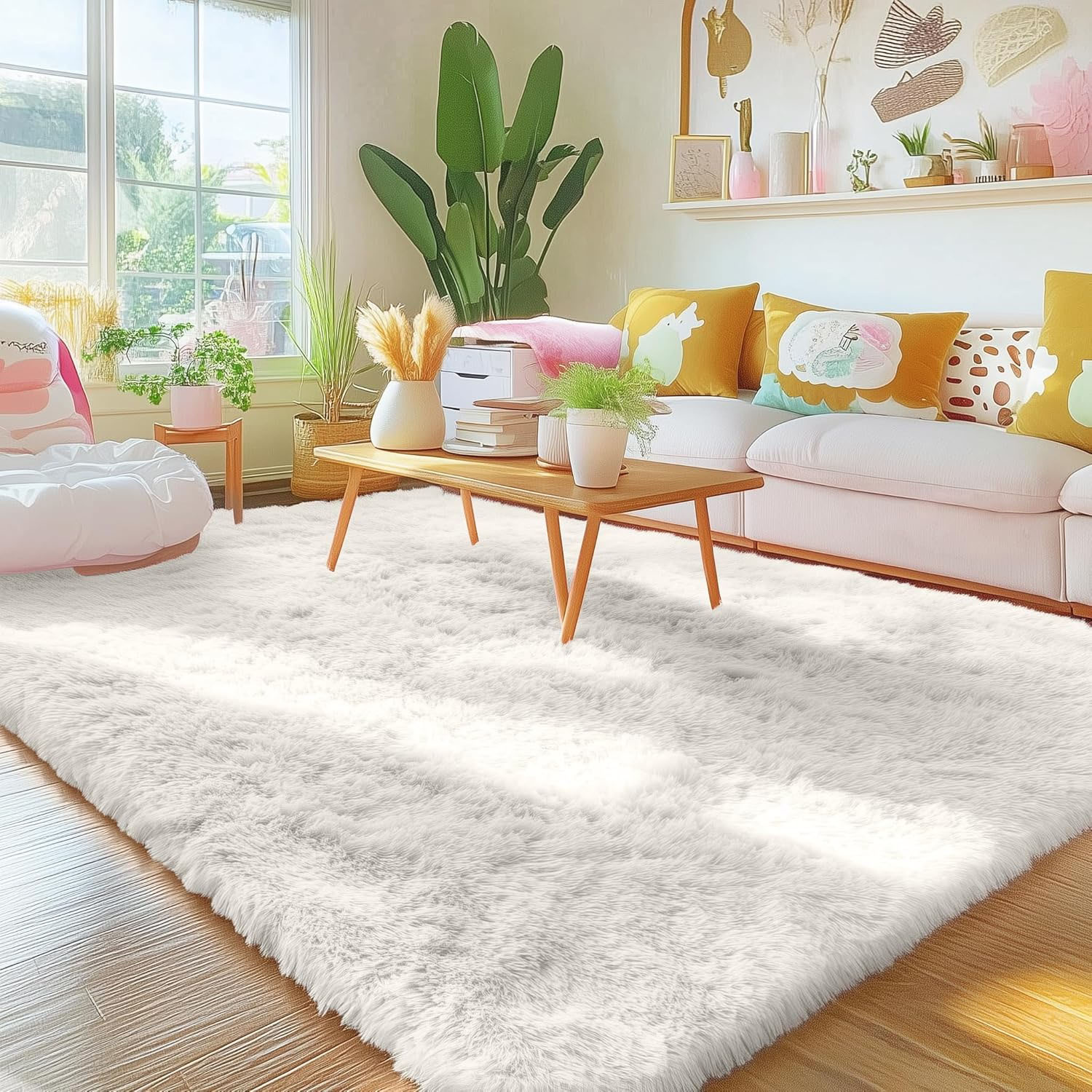 A cozy living room features a soft, white, fluffy rug, a wooden coffee table with plants and books, a pink couch adorned with colorful pillows, and a large potted plant by a bright window.