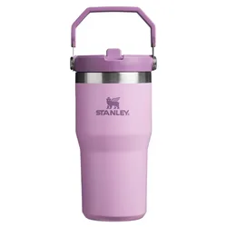 A lavender Stanley insulated travel tumbler with a handle and stainless steel accents, featuring a leak-proof lid.