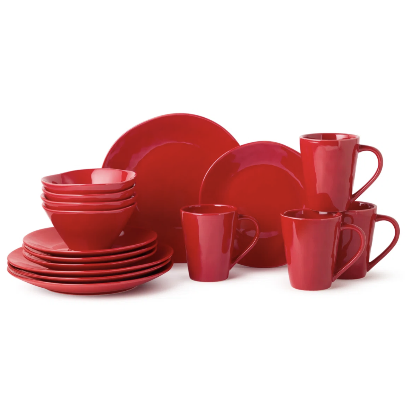 A red dinnerware set featuring plates, bowls, and mugs.