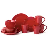 A red dinnerware set featuring plates, bowls, and mugs.