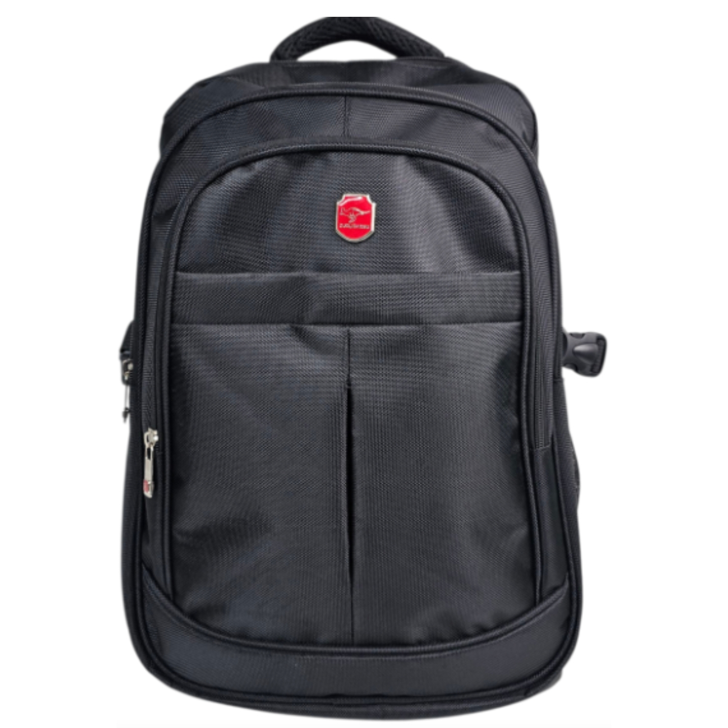 A black backpack featuring a front zippered pocket and a red and silver logo emblem on the top center.