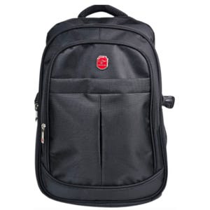 A black backpack featuring a front zippered pocket and a red and silver logo emblem on the top center.