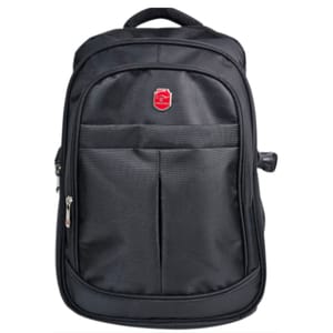 A black backpack featuring a front zippered pocket and a red and silver logo emblem on the top center.