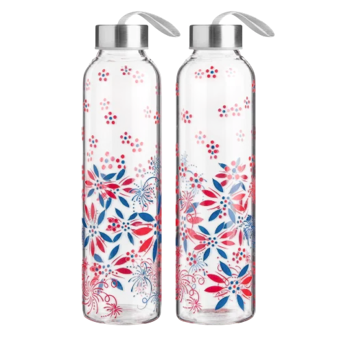 Two clear water bottles with floral designs in red and blue, featuring metallic caps and carrying loops.
