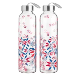 Two clear water bottles with floral designs in red and blue, featuring metallic caps and carrying loops.