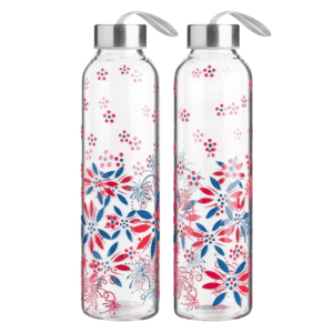 Two clear water bottles with floral designs in red and blue, featuring metallic caps and carrying loops.