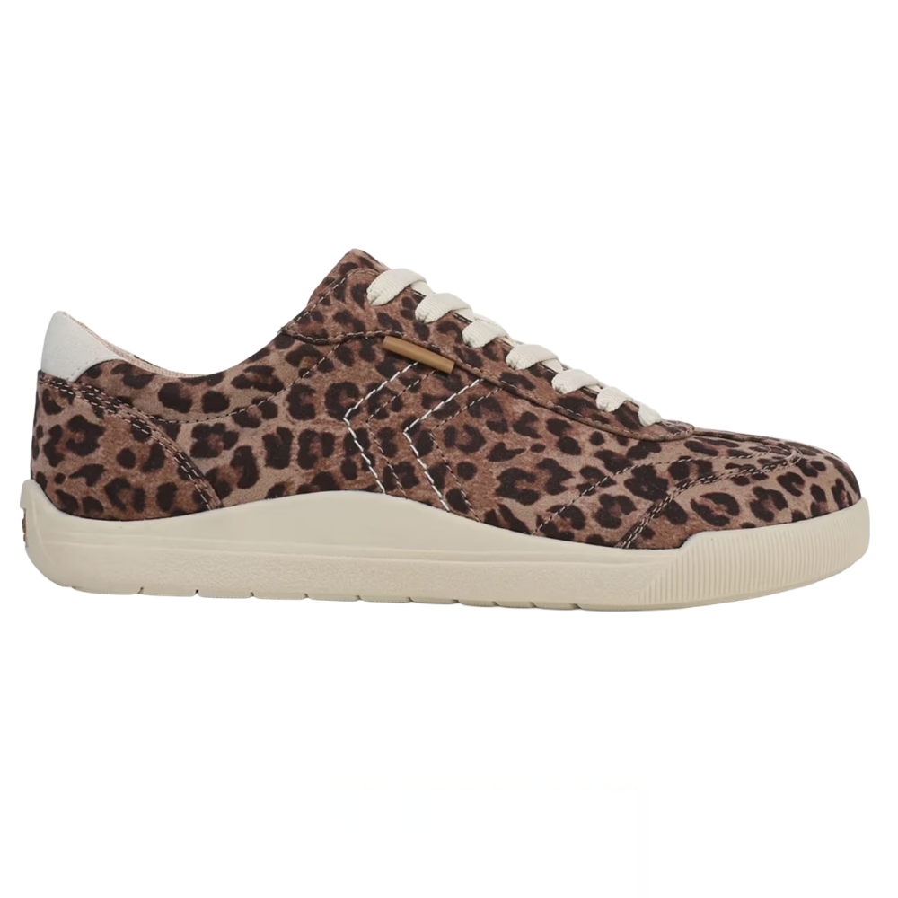 Brown leopard print sneaker with white laces and a cream rubber sole.