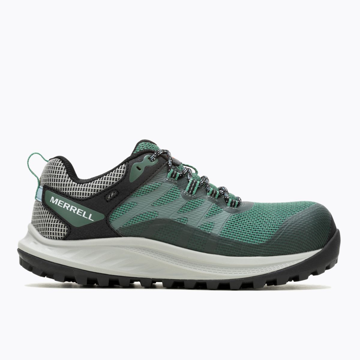 A pair of Merrell Antora 3 shoes in green and black with white soles, featuring a low-top design and lace-up closure.