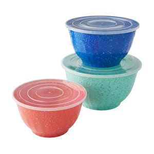 6-piece Pioneer Woman Bowl Set features three speckled bowls with clear lids in blue, teal, and coral. Perfect for storing or serving food with a vintage-inspired design.