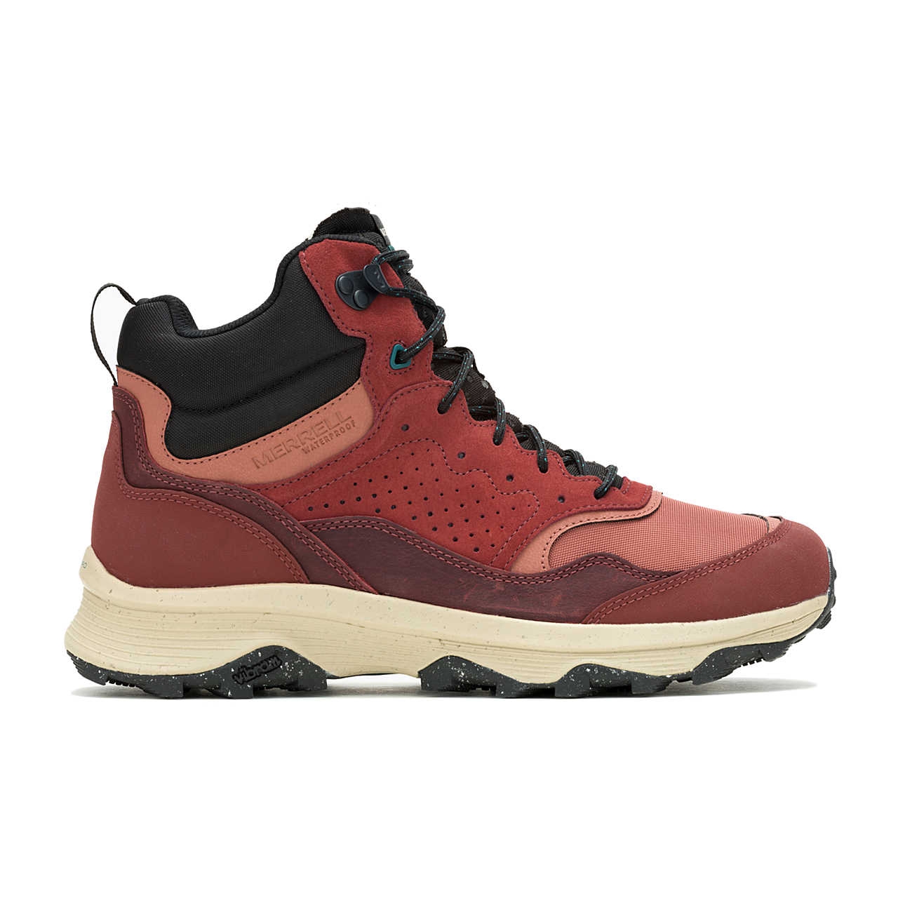 A red and black hiking boot with a beige sole and black laces, featuring a high-top design and branding on the side.