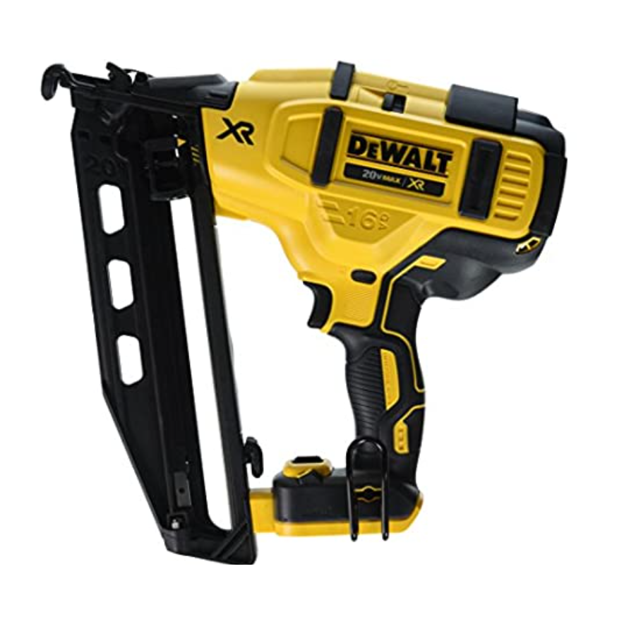 DEWALT 20V MAX XR 16-gauge angled finish nailer, designed for precision and ease in finishing carpentry tasks.