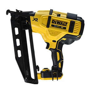 DEWALT 20V MAX XR 16-gauge angled finish nailer, designed for precision and ease in finishing carpentry tasks.