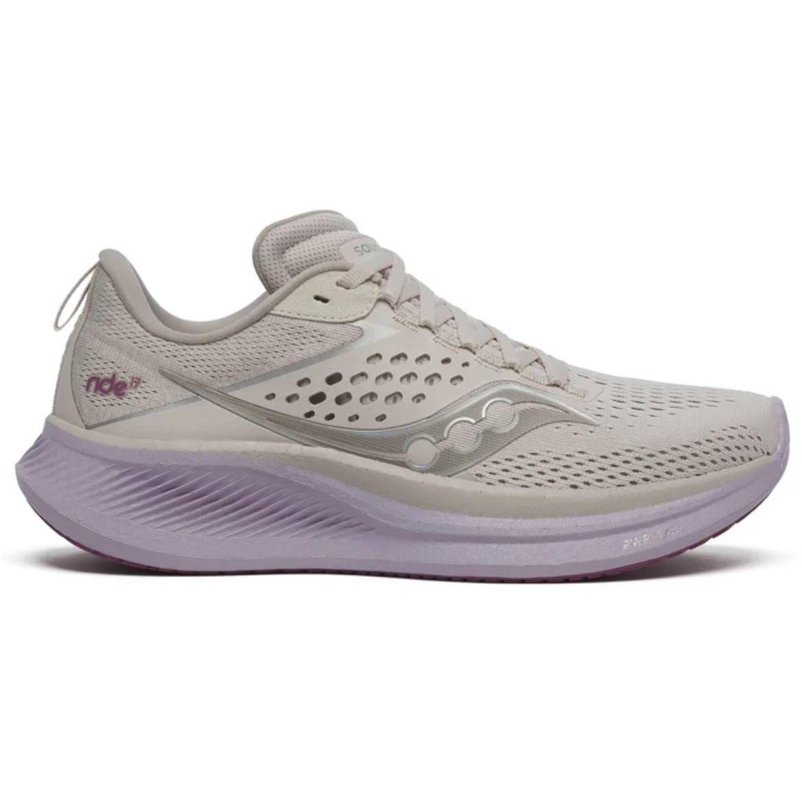 A beige running shoe with a light purple sole, featuring perforated design and branding on the side.