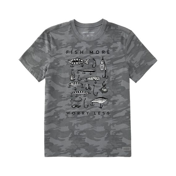 This is a camo print men's T-shirt featuring a graphic with fish and the phrase \“FISH MORE WORRY LESS\“.