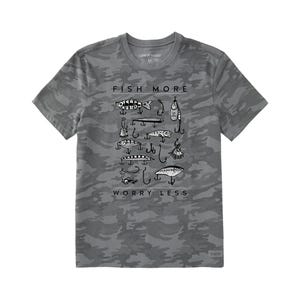 This is a camo print men's T-shirt featuring a graphic with fish and the phrase \“FISH MORE WORRY LESS\“.