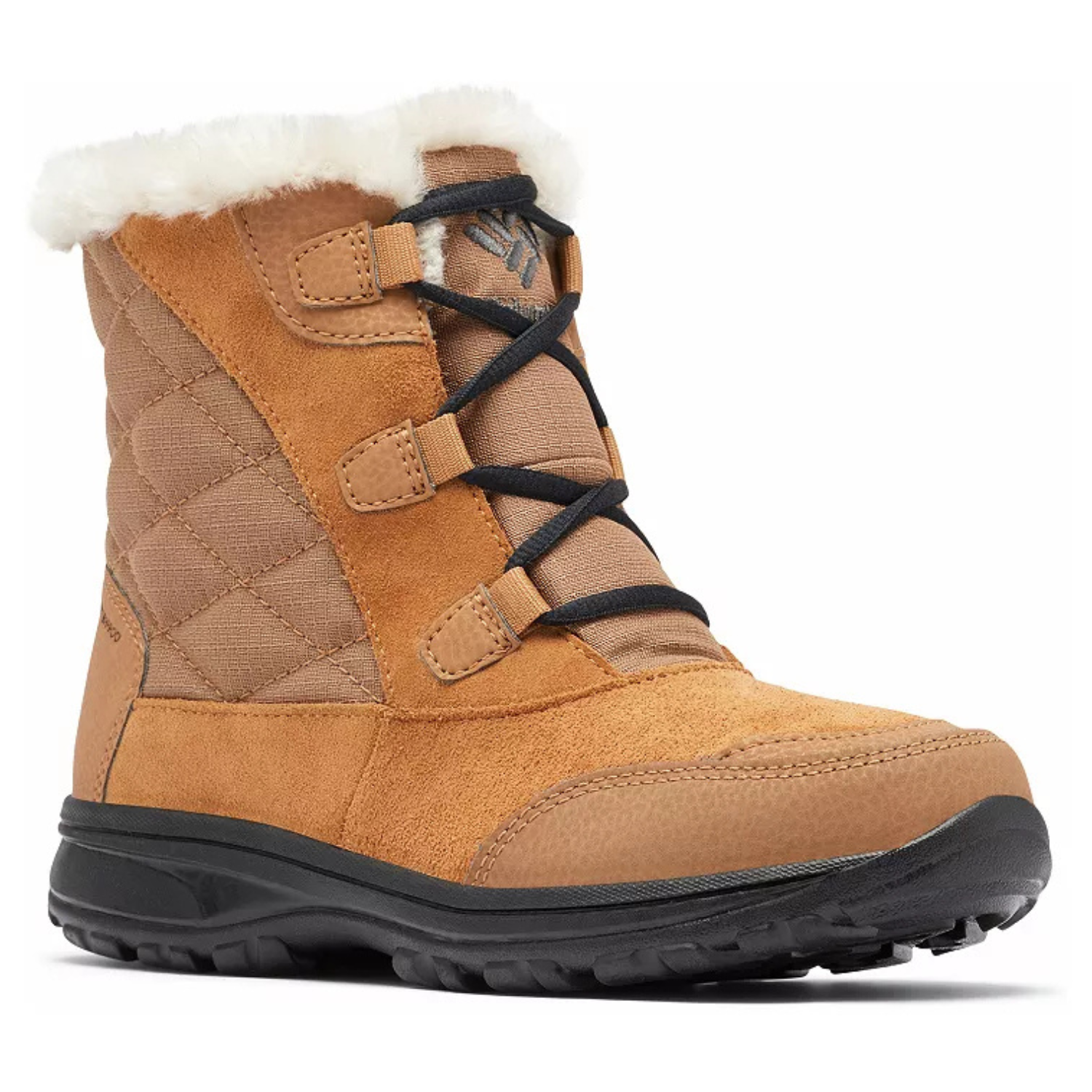 Tan winter boots with quilted fabric, faux fur trim, and black laces. They feature a sturdy black sole for grip and durability.