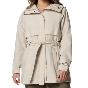 A beige, long-sleeve raincoat with a belted waist, buttoned front, and hood.