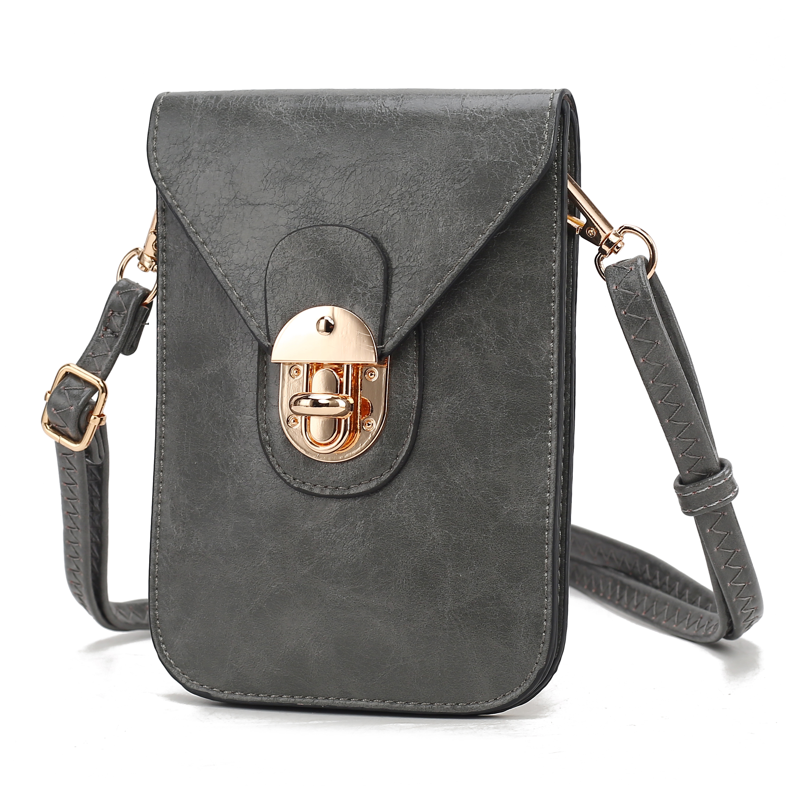 A gray leather crossbody bag with a gold clasp and adjustable strap, featuring a textured surface and flap closure.