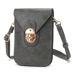 A gray leather crossbody bag with a gold clasp and adjustable strap, featuring a textured surface and flap closure.