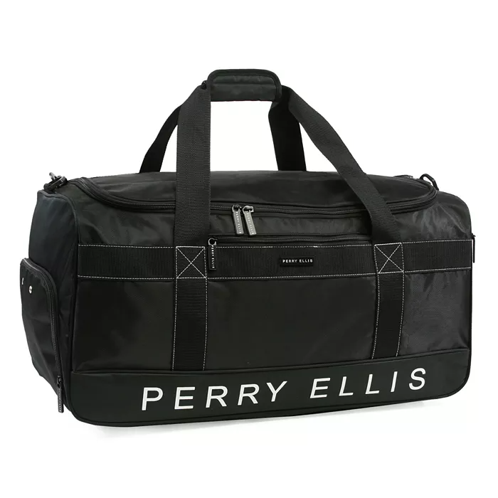 A black Perry Ellis duffel bag featuring dual handles, a zippered main compartment, and side pockets, with bold branding on the side.