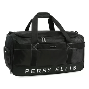 A black Perry Ellis duffel bag featuring dual handles, a zippered main compartment, and side pockets, with bold branding on the side.