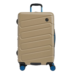 A beige hard-shell suitcase with four blue spinner wheels, a telescopic handle, and a textured diagonal design.