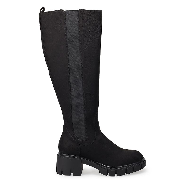Black knee-high boots with a wide calf, stretchy side panels, and chunky treaded soles.