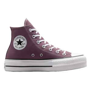 Purple Converse Chuck Taylor All Star high-top sneaker with white laces, a black and white logo on the side, and a rubber toe cap.