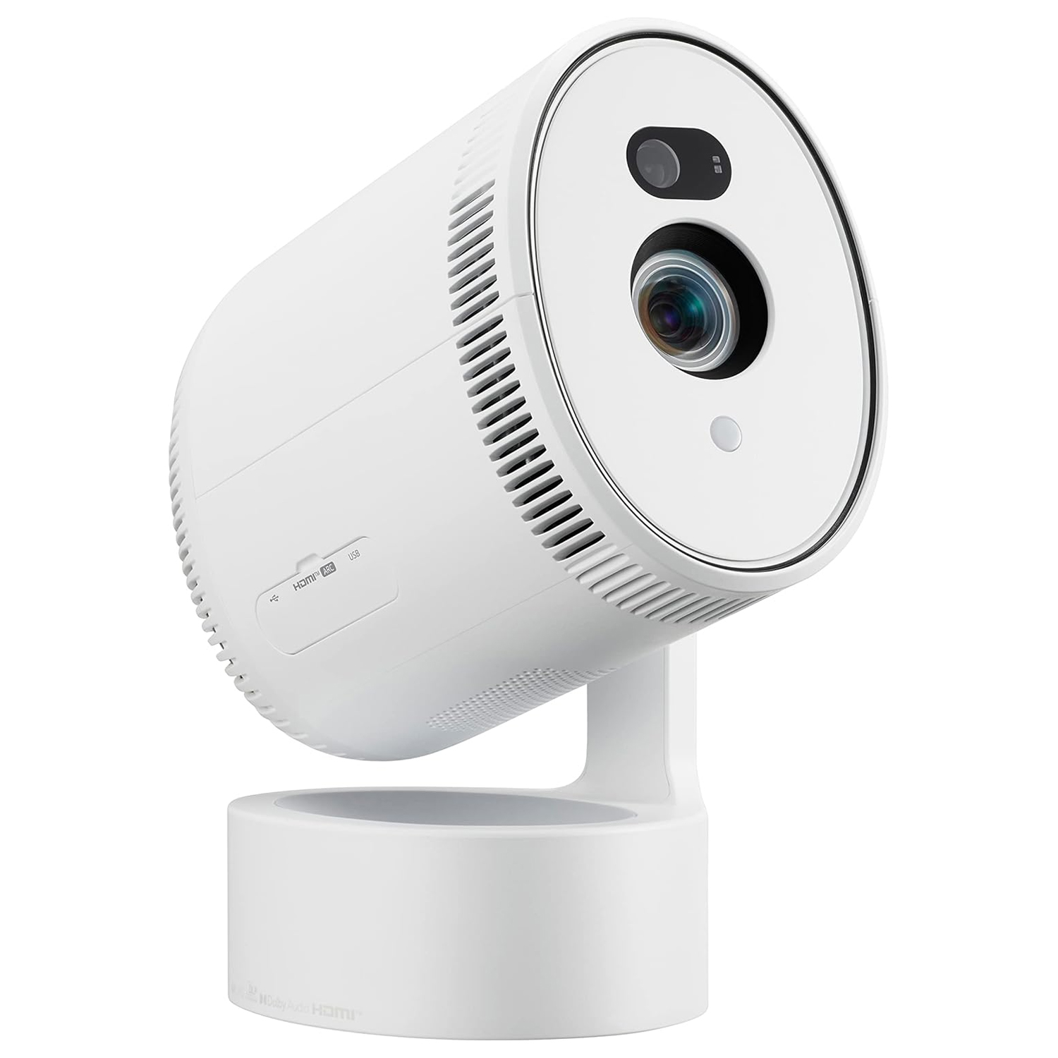 A sleek, white 4K smart projector with a cylindrical design and a lens in front, mounted on a circular base stand, featuring connectivity ports for HDMI and USB.