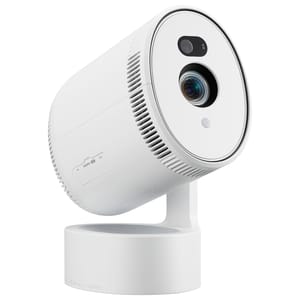 A sleek, white 4K smart projector with a cylindrical design and a lens in front, mounted on a circular base stand, featuring connectivity ports for HDMI and USB.