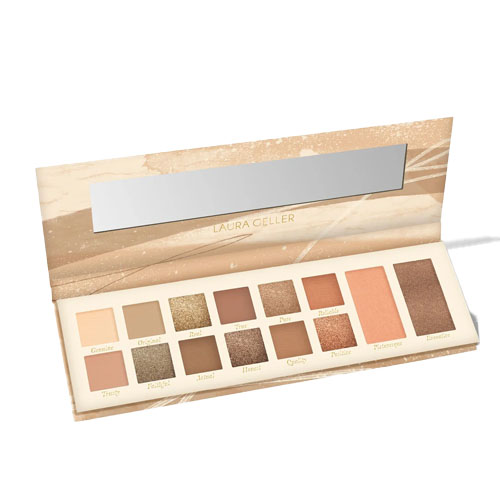 Laura Geller makeup palette featuring 12 neutral and warm-toned eyeshadows with a mix of matte and shimmer finishes, accompanied by one peach blush and one brown bronzer.