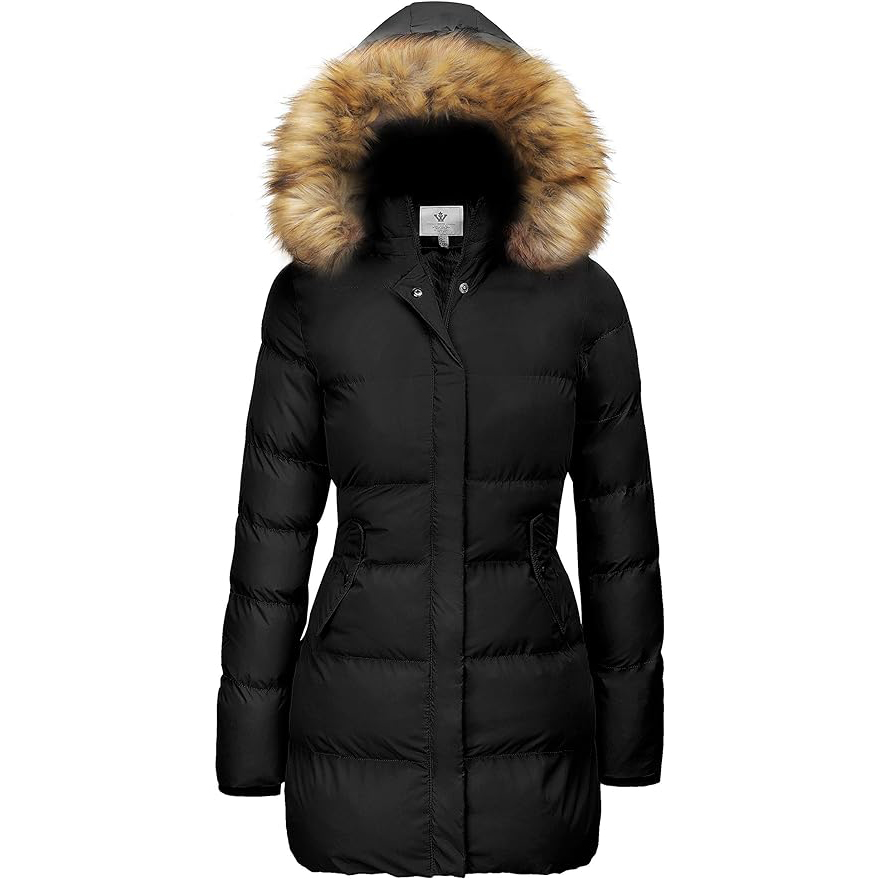 A black insulated parka with a fur-trimmed hood.