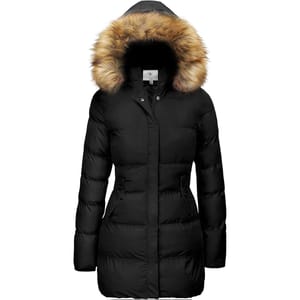 A black insulated parka with a fur-trimmed hood.