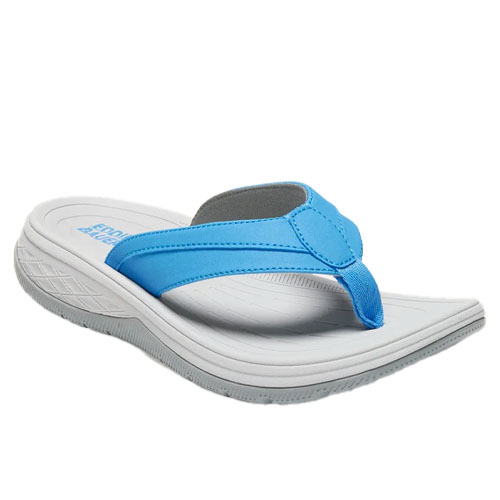 A blue and white flip-flop sandal with a slightly elevated sole and textured footbed designed for comfort.
