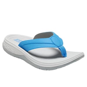A blue and white flip-flop sandal with a slightly elevated sole and textured footbed designed for comfort.