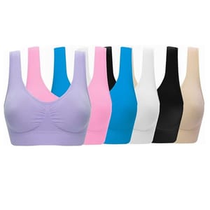 A set of seven seamless bras in various colors: purple, pink, blue, white, black, and beige, designed with wide straps and a gathered front for support.